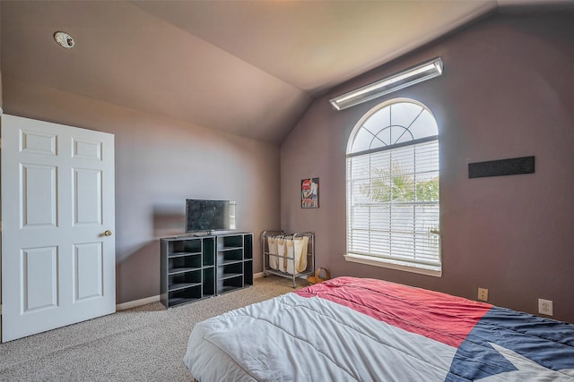 carpeted bedroom with baseboards and lofted ceiling