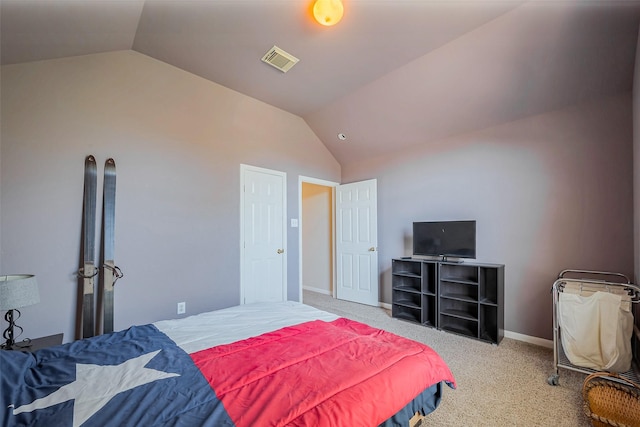 carpeted bedroom with visible vents, baseboards, and vaulted ceiling