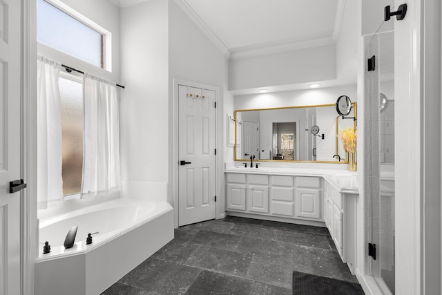 full bathroom with vanity, a garden tub, a stall shower, and ornamental molding