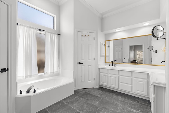 full bath with vanity, crown molding, a garden tub, and recessed lighting