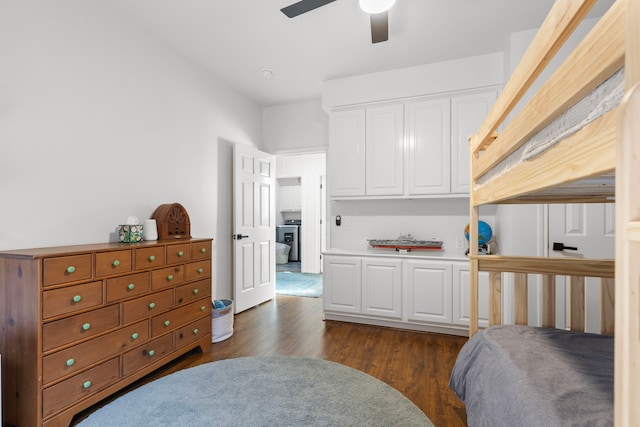 bedroom with ceiling fan and dark wood-style flooring