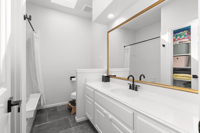 bathroom with visible vents, toilet, recessed lighting, baseboards, and vanity