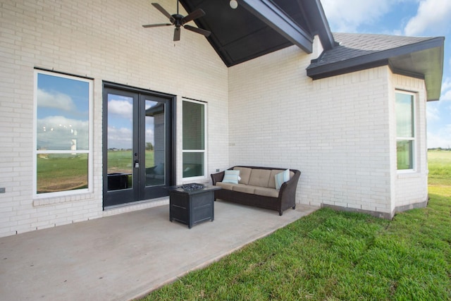 view of patio with ceiling fan, an outdoor hangout area, and french doors