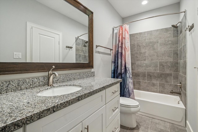 full bathroom featuring tile patterned flooring, toilet, recessed lighting, shower / tub combo, and vanity