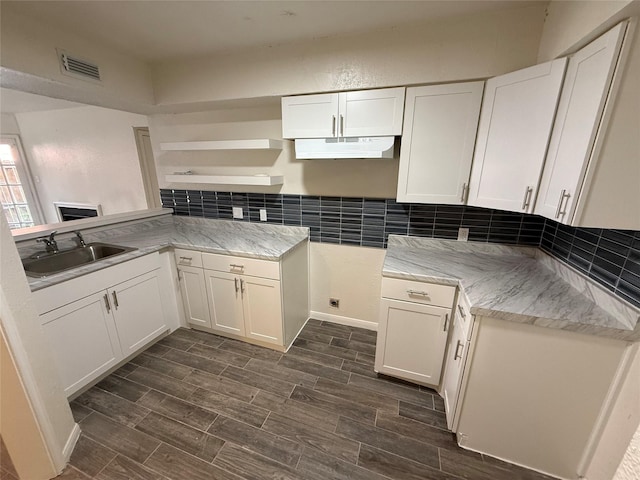 kitchen featuring visible vents, under cabinet range hood, a sink, white cabinetry, and decorative backsplash