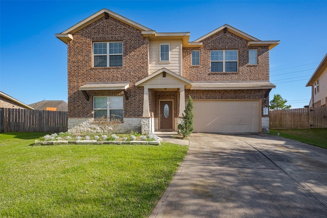 view of front of home featuring brick siding, concrete driveway, a front lawn, and fence