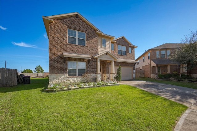 craftsman inspired home with brick siding, an attached garage, concrete driveway, and fence