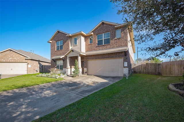 traditional-style house with concrete driveway, brick siding, and a front lawn