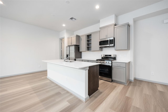 kitchen featuring visible vents, appliances with stainless steel finishes, an island with sink, and gray cabinets