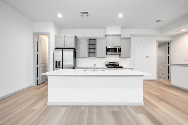 kitchen featuring a sink, gray cabinetry, visible vents, and stainless steel appliances