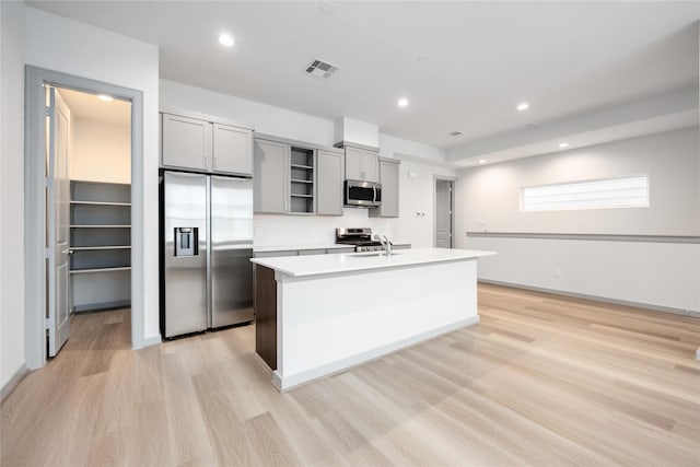 kitchen featuring visible vents, gray cabinetry, an island with sink, appliances with stainless steel finishes, and light wood-style floors