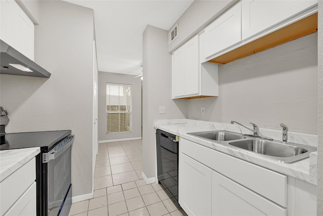 kitchen featuring visible vents, range with electric cooktop, a sink, white cabinetry, and dishwasher