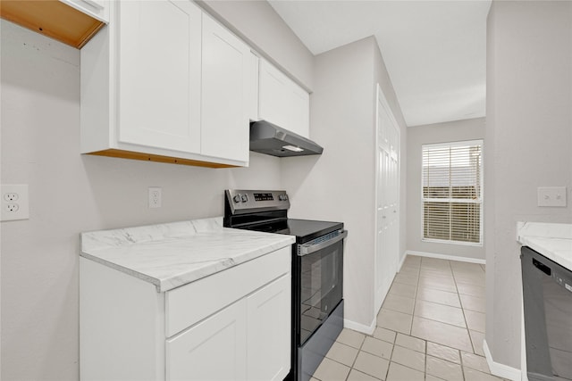 kitchen with stainless steel range with electric cooktop, light countertops, white cabinets, under cabinet range hood, and dishwasher