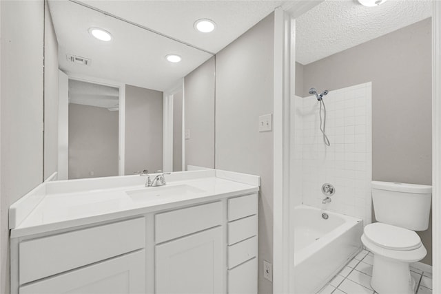 bathroom featuring visible vents, toilet, recessed lighting, bathing tub / shower combination, and vanity