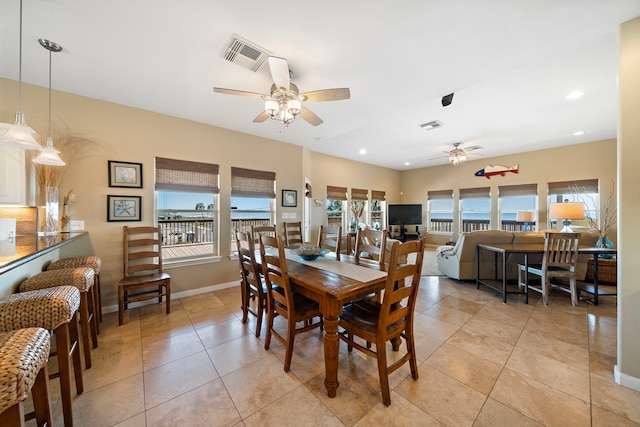 dining space with visible vents, baseboards, ceiling fan, light tile patterned floors, and recessed lighting