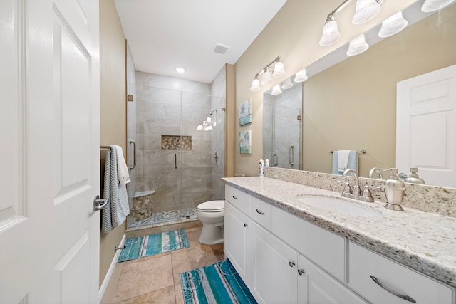 full bathroom with visible vents, toilet, a shower stall, tile patterned flooring, and vanity