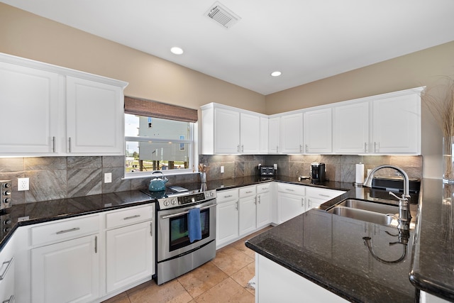 kitchen featuring a sink, electric range, visible vents, and white cabinetry