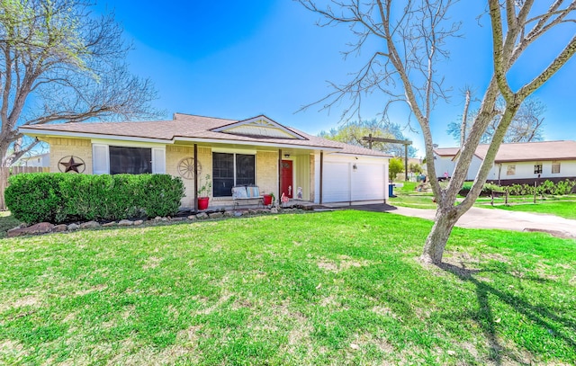 ranch-style house with a garage, a front lawn, brick siding, and driveway