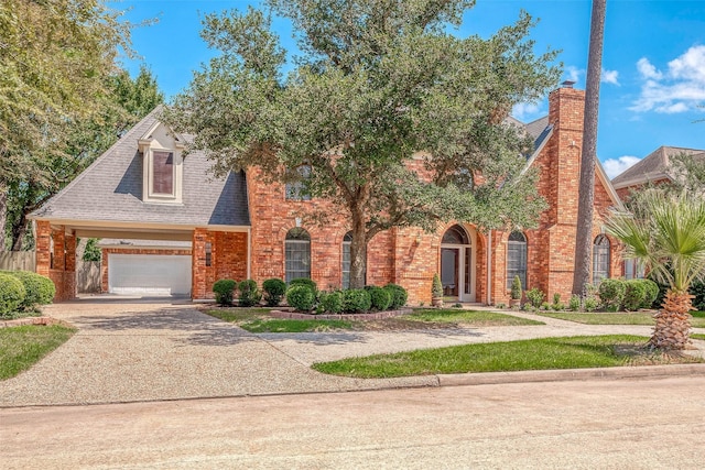 view of front of house featuring brick siding, driveway, a shingled roof, and a garage