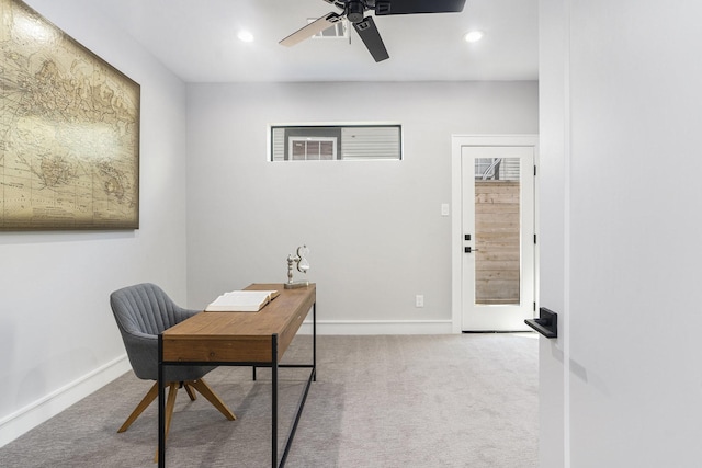 office with recessed lighting, baseboards, carpet floors, and ceiling fan