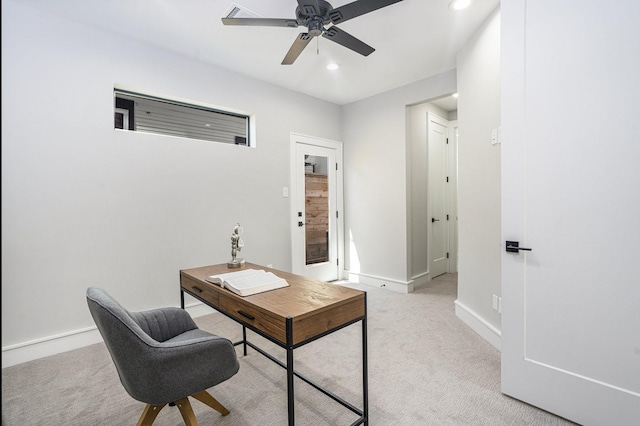 office area with visible vents, recessed lighting, baseboards, and light carpet