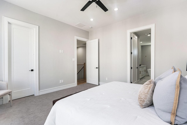 carpeted bedroom featuring visible vents, connected bathroom, baseboards, ceiling fan, and recessed lighting