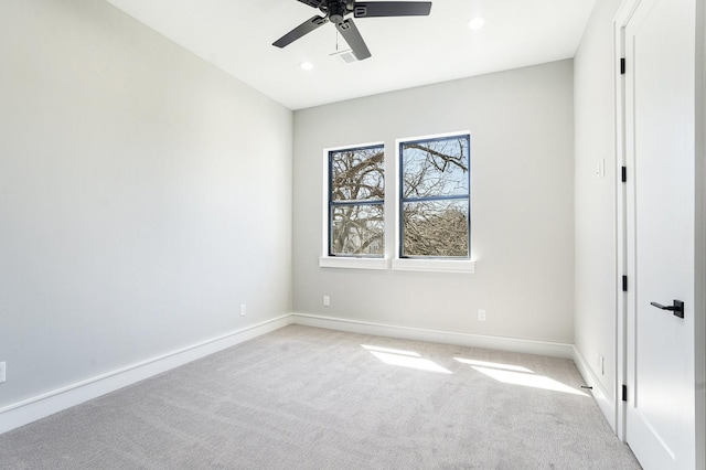 unfurnished bedroom featuring visible vents, baseboards, light carpet, recessed lighting, and a ceiling fan