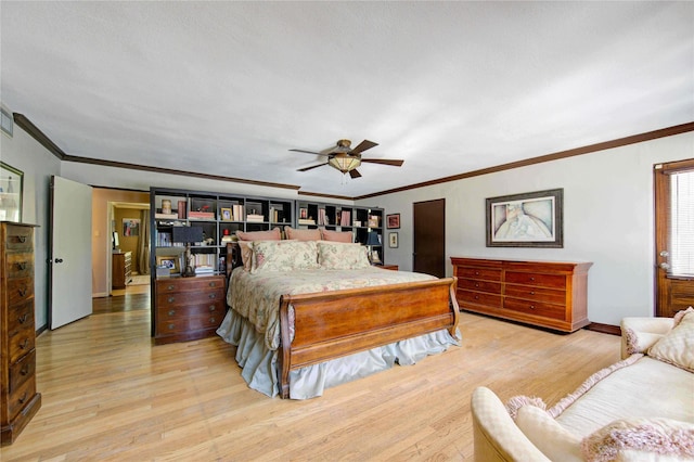 bedroom featuring a ceiling fan, crown molding, light wood-style floors, and baseboards