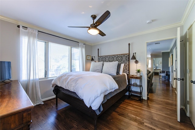 bedroom with a ceiling fan, wood finished floors, baseboards, and ornamental molding