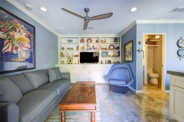 living room with visible vents, built in shelves, crown molding, concrete flooring, and recessed lighting