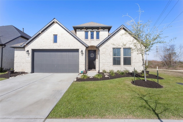 view of front of house featuring a front lawn, roof with shingles, concrete driveway, a garage, and brick siding