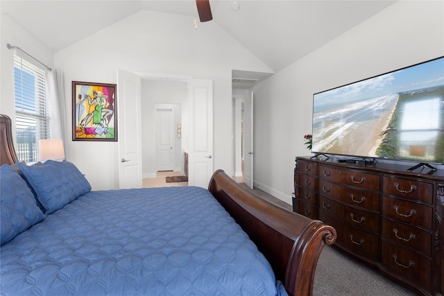 carpeted bedroom featuring visible vents, ceiling fan, baseboards, and lofted ceiling