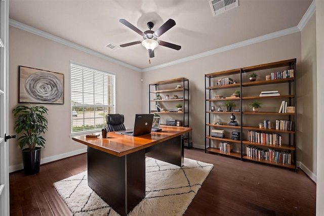 home office featuring dark wood finished floors, baseboards, visible vents, and ornamental molding