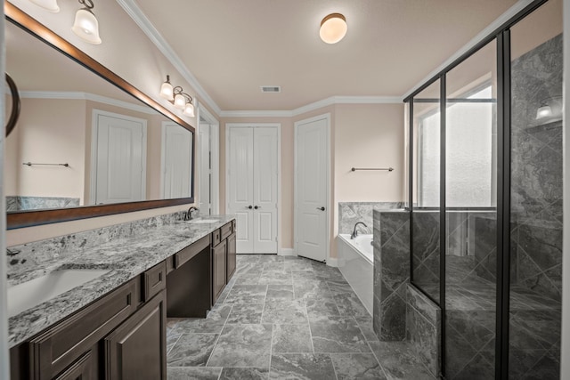 full bath featuring a shower stall, crown molding, a garden tub, double vanity, and a sink