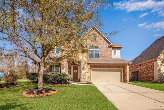 traditional-style home with stone siding, an attached garage, concrete driveway, and a front lawn