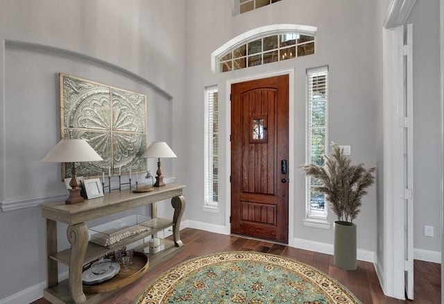 foyer with wood finished floors, baseboards, and a towering ceiling