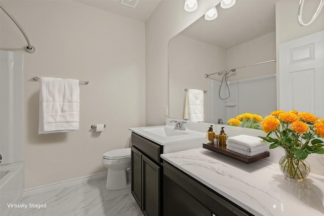 bathroom with vanity, visible vents, baseboards, toilet, and marble finish floor