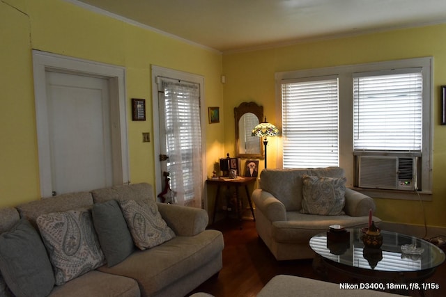 living area featuring a wealth of natural light, cooling unit, crown molding, and wood finished floors