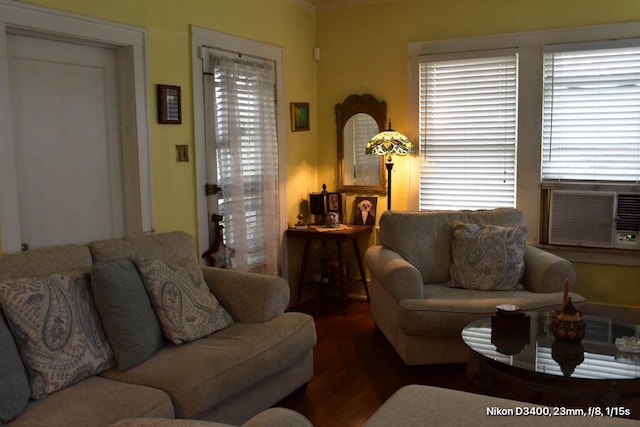 living room with cooling unit and wood finished floors