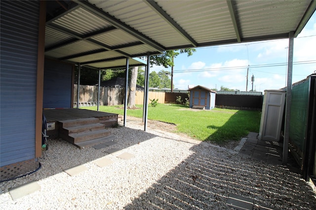 view of patio / terrace featuring a fenced backyard, a storage shed, and an outdoor structure