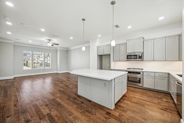 kitchen with crown molding, dark wood-style floors, appliances with stainless steel finishes, and gray cabinetry