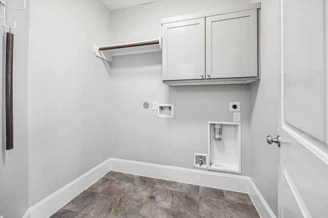 washroom with baseboards, gas dryer hookup, hookup for a washing machine, cabinet space, and electric dryer hookup