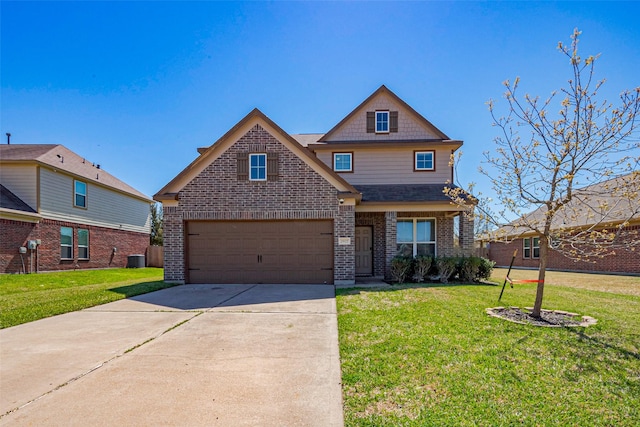 view of front of property with brick siding, a garage, driveway, and a front yard