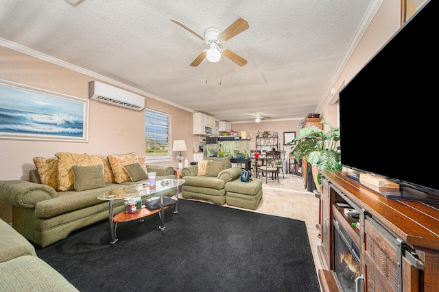 living area featuring a textured ceiling, ceiling fan, a wall mounted air conditioner, and ornamental molding