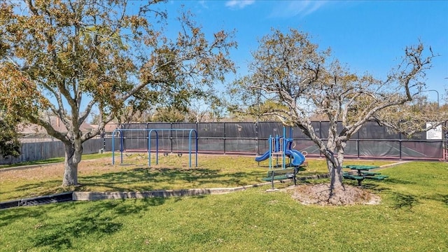 view of yard with fence and playground community