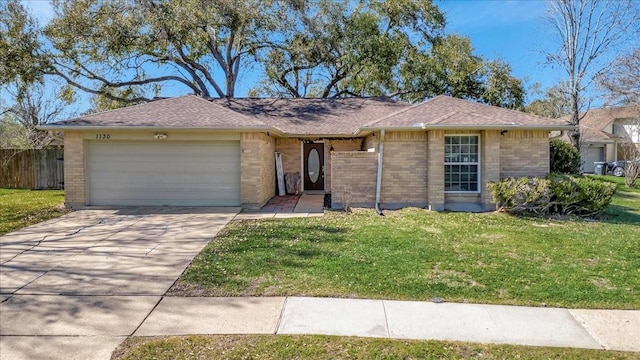 ranch-style house with brick siding, fence, a front yard, a garage, and driveway