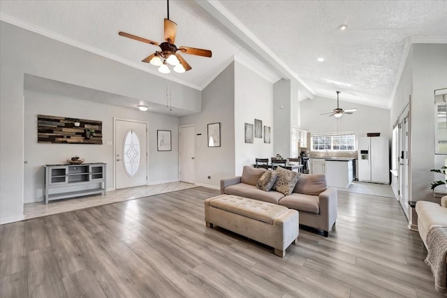 living area with a textured ceiling, a healthy amount of sunlight, light wood-style flooring, and crown molding