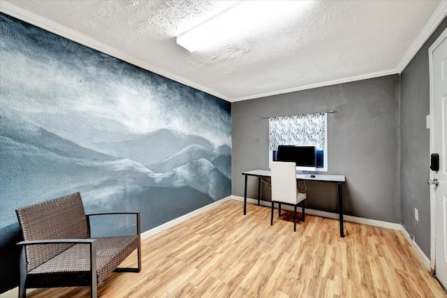 office featuring a textured ceiling, wood finished floors, baseboards, and ornamental molding