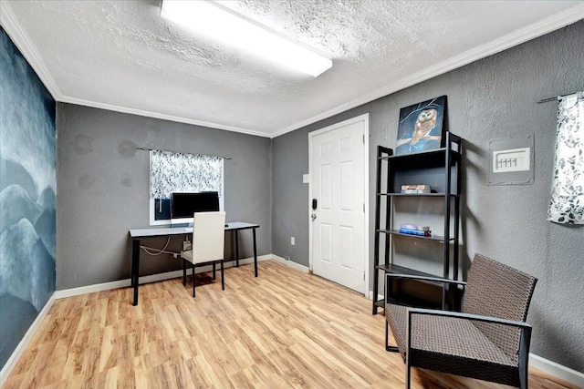 office space featuring a textured ceiling, wood finished floors, crown molding, baseboards, and a textured wall