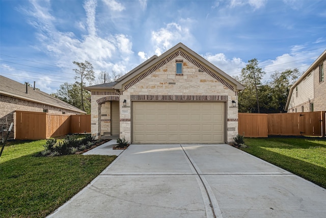 view of front facade featuring fence, driveway, an attached garage, a front lawn, and brick siding